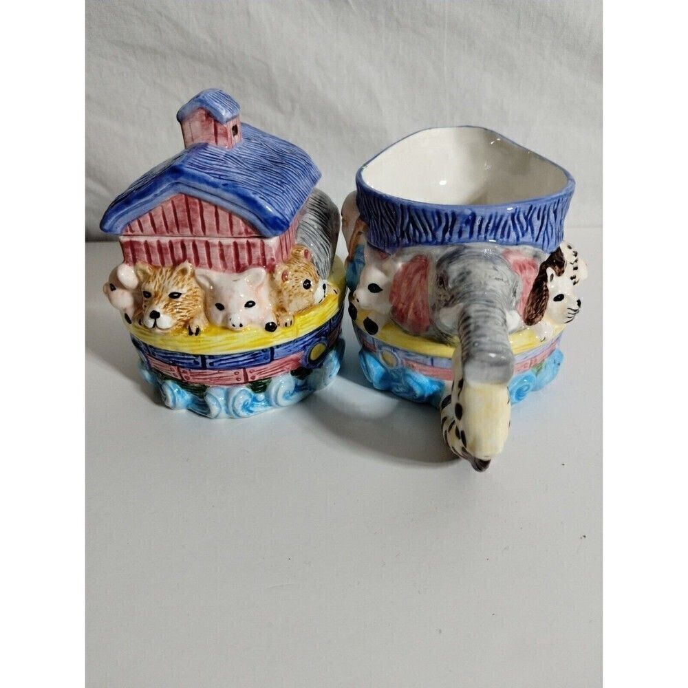Noahs Ark Ceramic Whimsical Creamer and Sugar Set‎  Vintage Noah  With Animals